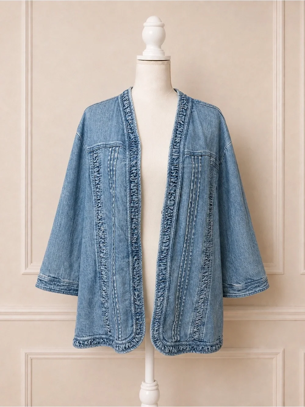 Liz & Me 3X 26/28W Ruffle Trim Denim Jacket Light Wash Pintuck Boho Lagenlook